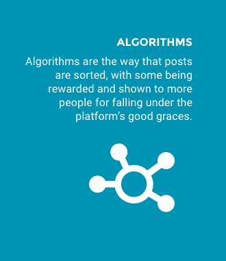 Algorithms: Algorithms are the way that posts are sorted, with some being rewarded and shown to more people for falling under the platform’s good graces.