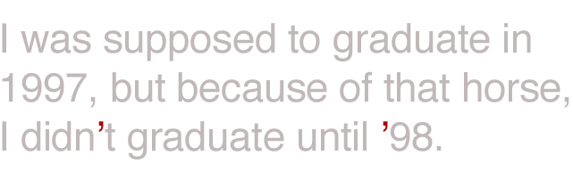 Sentence showing use of single-right quotation mark (or apostrophe) for years without the first two digits: "I was supposed to graduate in 1997, but because of that horse, I didn't graduate until '98."