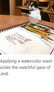 Painting With Jedi, caption reads "Applying watercolor wash under the watchful gaze of Jedi."