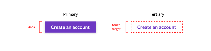 Touch Targets: Two “create an account” buttons displaying the appropriate size touch targets of 44 pixels on a primary and tertiary style button.